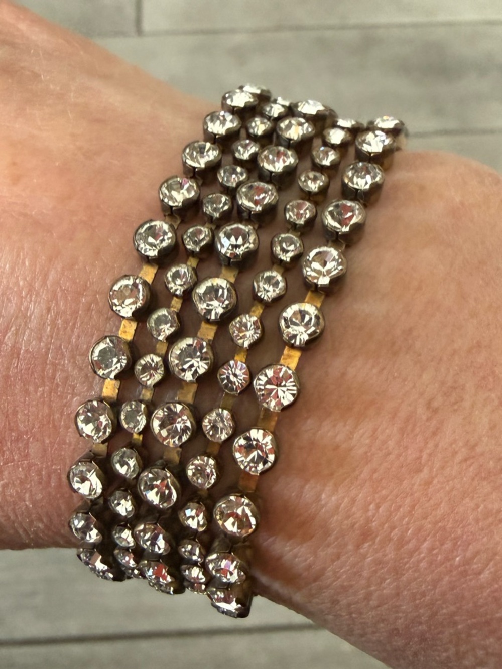 Vintage 1920s Art Deco Austrian Crystal Wide Rhinestone Bracelet — 5-Row